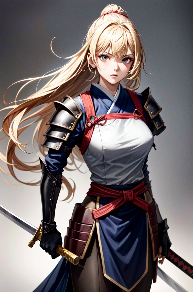 A woman wearing armor with a large sword, Female Samurai, A woman wearing light armor, Beautiful female warrior, Black Hanfu, black eye, Blonde, Long Hair, Tight waist, Five fingers, Intimidating Appearance, cinematic lighting, cowboy shot, UHD, retina, masterpiece, accurate, anatomically correct, textured skin, super detail, high details, high quality, award winning, best quality, highres
