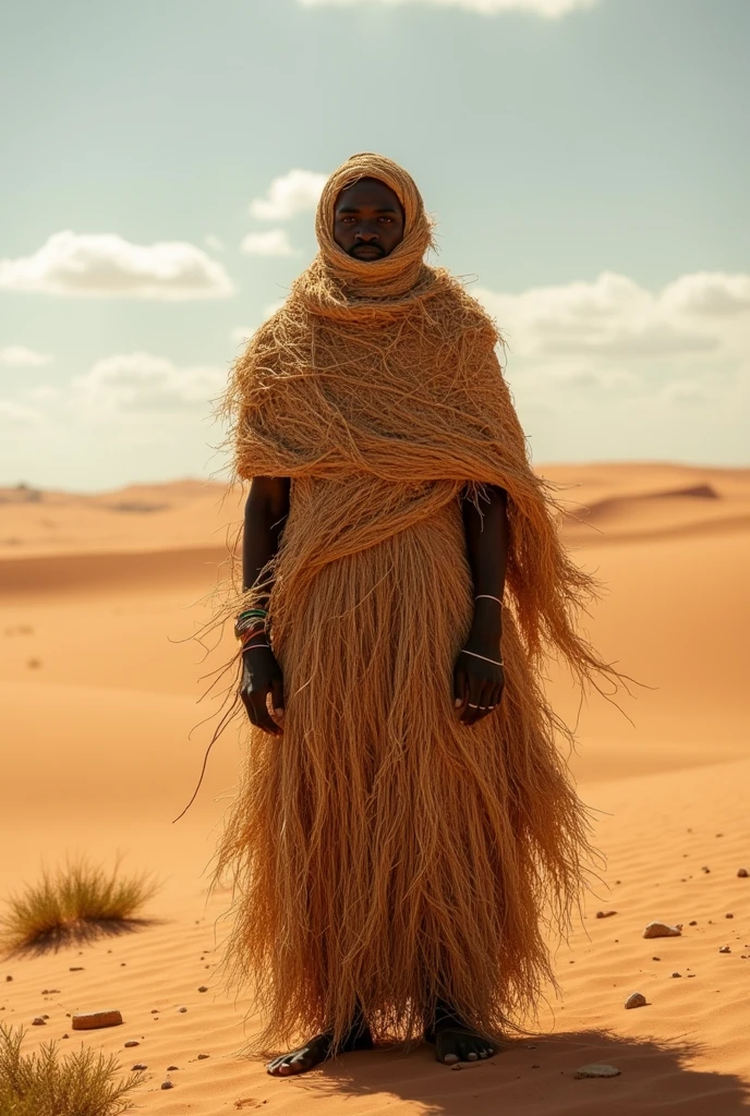 Orisha Black Man, with a straw garment covering his face and almost his whole body, in the midst of a desert of earth