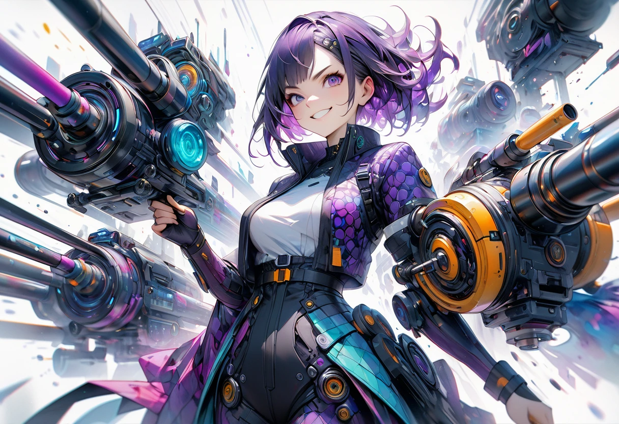 One woman,A hand with a fist raised,Smiling,Angry,Exquisite illustrations in a highly imaginative cyberpunk surrealist art style,Tubes connected to external machines, Stylish watercolor purple pattern on a white background, Brush Blur Effect,( high quality, High precision, 4K, 8k:1.5), Super detailed.Physically Based Rendering,Ultra-fine painting,Cinema Lighting, Sharp focus, Bright colors, Professional shooting resolution,Award-winning