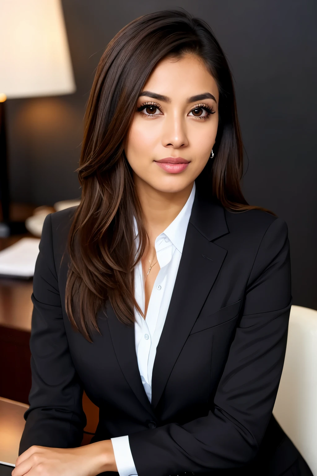 realistic portrait of an extremely beautiful Salvadorean woman wearing a business suit, lawyer girl, beautiful detailed eyes, beautiful detailed lips, extremely detailed face and eyes, long eyelashes, realistic, photorealistic, high quality, 8k, detailed, masterpiece, studio lighting, vivid colors, 1 girl, (full body shot), professional, flawless pose, elegant, confident, poised, serious expression, brown skin, brown eyes, dark hair, businesswoman, corporate attire, office interior background