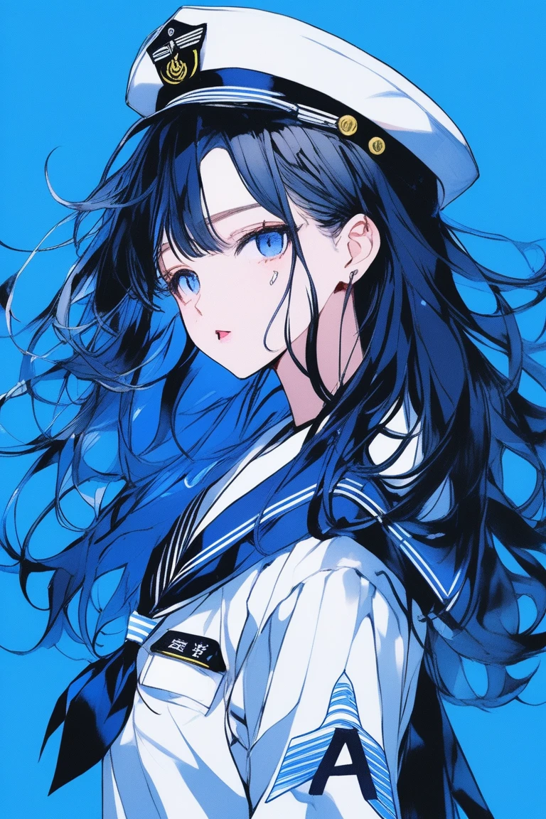 ((masterpiece,Highest quality)), 8k, anime , Realistic ,sketch, Portrait, 黒猫を連れたanimeの女性, 20-year-old, Blue gradient background, High school girl sailor uniform, Neon medium length hair, lip, Wear headphones, Texture Trim, Japanese, Upper Body, (masterpiece,Highest quality)