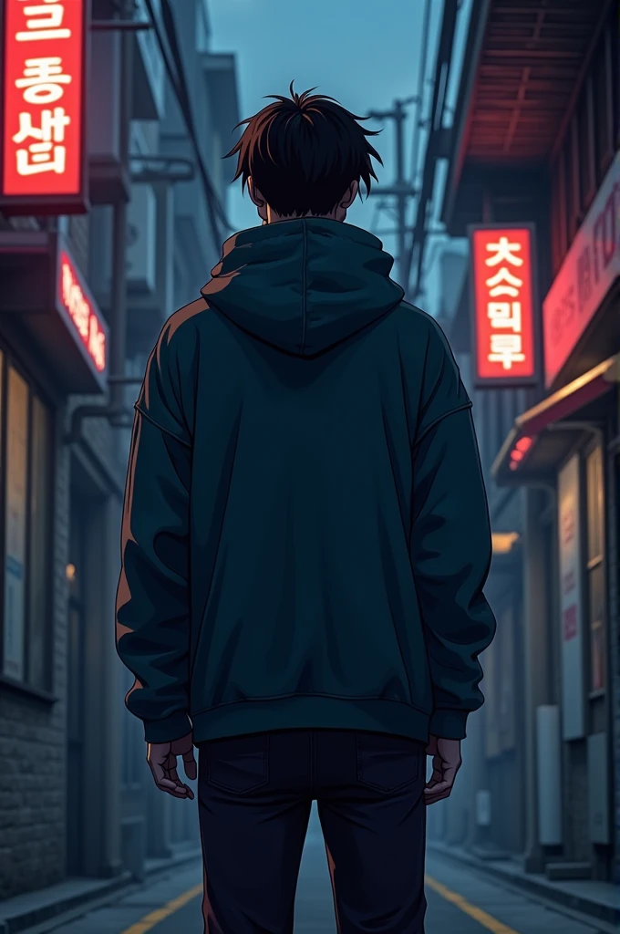 manhwa style man, wearing a hoodie,standing with his back turned, Whole body