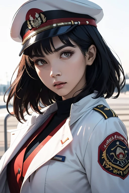 Highest quality　High resolution　Simple　White military uniform with a stand-up collar　army officers　military cap　class seal　white open coat　Baggy　Long bangs　Adult female　Casual expression　cute　Strong posture　Dynamic Lighting　（（head to waste:1.8））