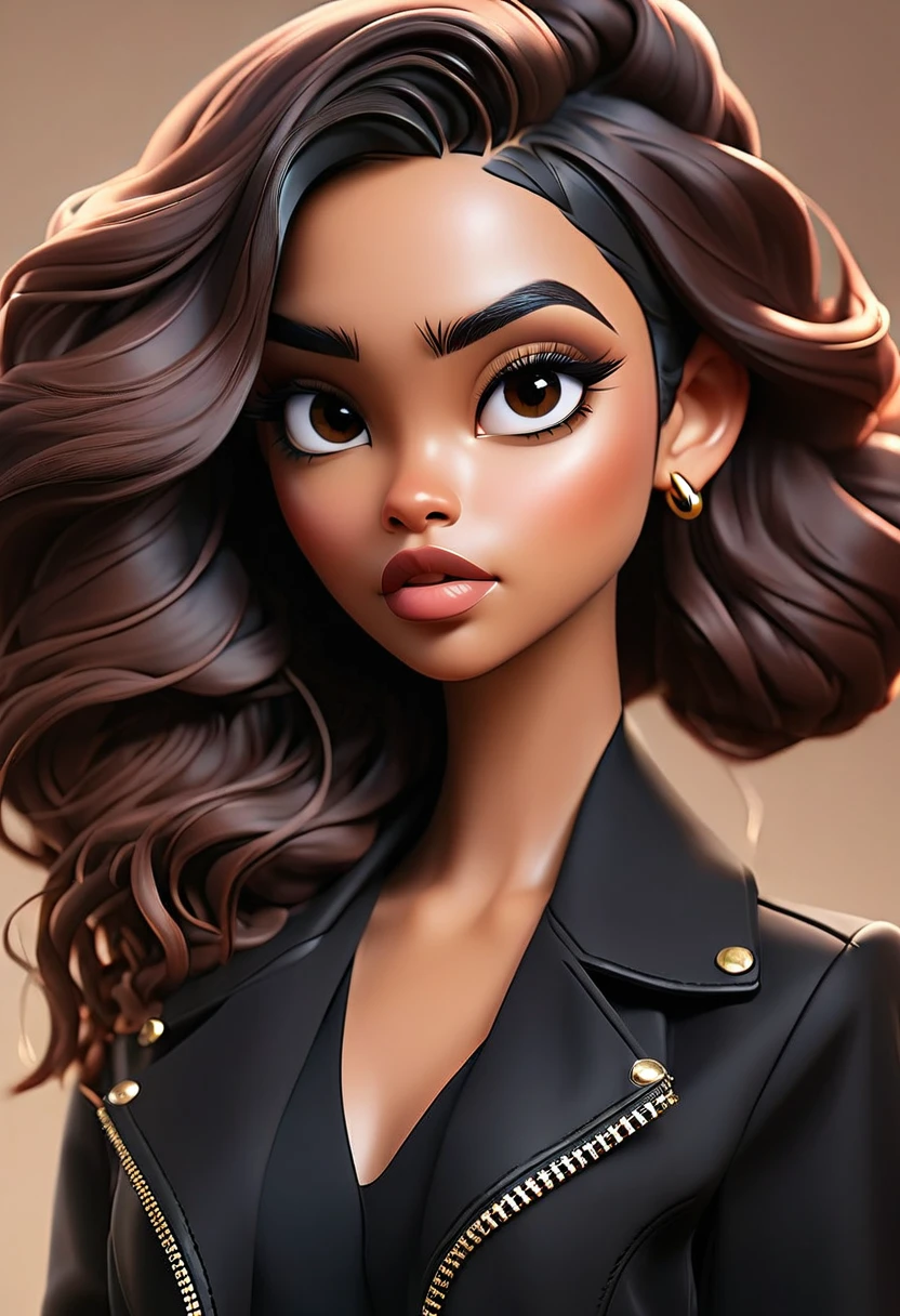 a beautiful arabic woman with long brown hair, wearing a black shirt and black jacket, posing for a self-portrait, inspired by tessa thompson, professional makeup, glowing skin, profile photo, sexy full makeup face, extremely detailed and perfect facial features, seductive expression, perfectly lit face, portrait photo, pale skin, ayahauska, tan skin