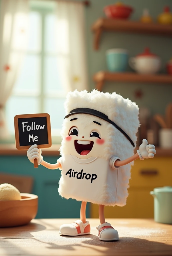 White square-shaped sugar cubes, wearing a shirt that says Airdrop, wearing a black headband, holding a black board with the words 'Follow Me'