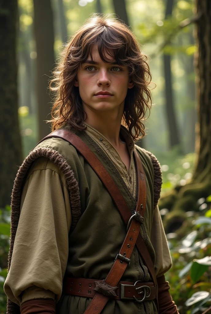 photo of kili from lord of the rings young version(adolescent), nearly , adolescent elfo, long brown wavy shoulder length hair, with bangs, simple medieval fighting costumes 
