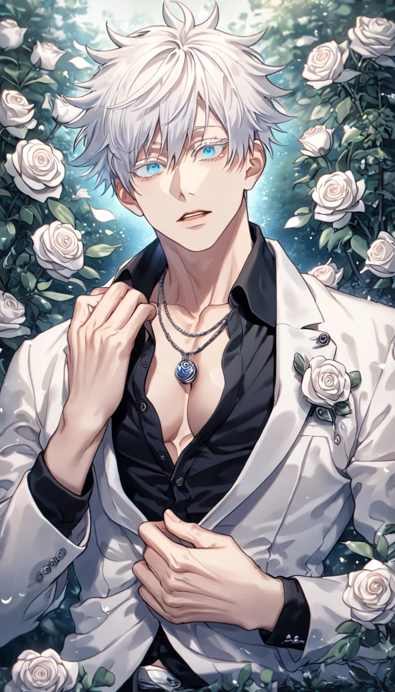 absurdres, highres, ultra detailed, HDR, master piece, best quality, extremely detailed, Gojou Satoru, white hair, expressive blue eyes, white eyelashes, Jujutsu Kaisen, solo, sexy man, handsome, sensual, manly man, horny, white coat, black shirt, unbuttoned, necklace, patterns, water, white roses, white petals, fantasy, magical, garden, white leaves