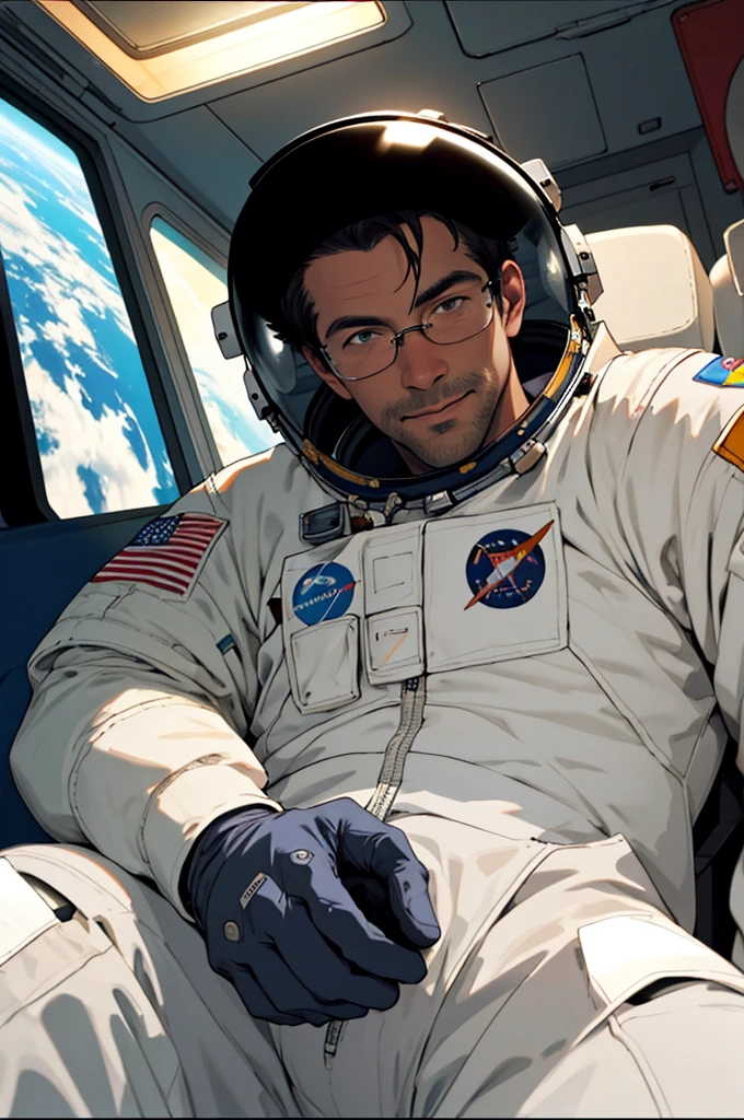 30 years old, black man, chocolate-colored skin, astronaut, outside of international space station, space walk, male, fully naked, stubble, huge muscles, mature man, muscle swelling, bodybuilding, chest muscles, abs, natural light, black skin, black man, curly hair, African man, 1man, sitting, floating in space, impressive view of the universe, solar system