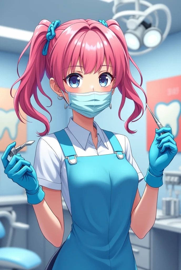 Nsfw. Anime dentist nurse horny girl, with pink gown, pink latex gloves, pink mask, instruments