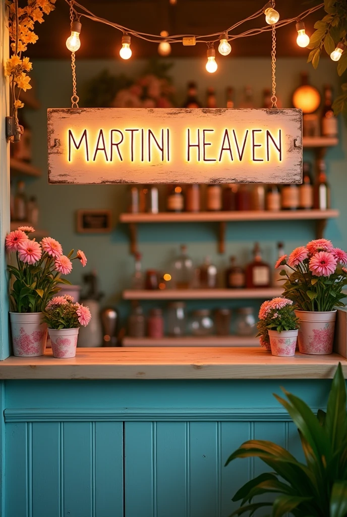 Bar counter seen from behind, with a sign that says MARTINI HEAVEN, with flower pots and vintage lights, everything in pastel shades of yellow, pink and blue