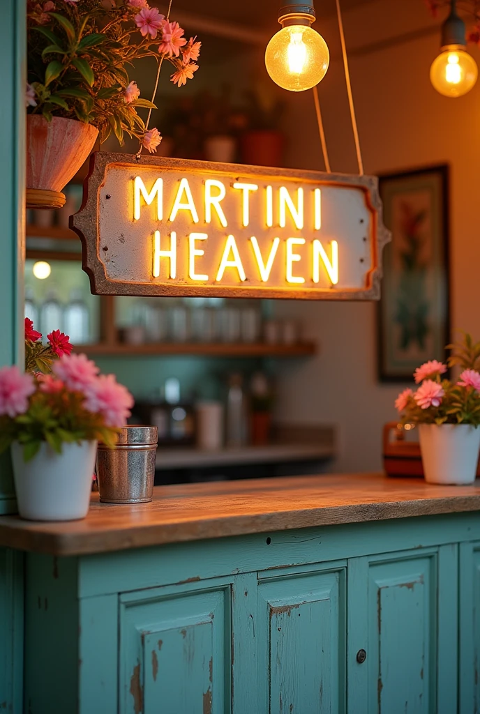 Bar counter seen from behind, with a sign that says MARTINI HEAVEN, with flower pots and vintage lights, everything in pastel shades of yellow, pink and blue