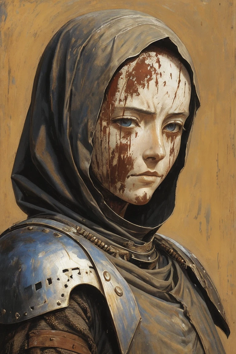 a painting of a cowering woman, gaunt, late 20s, arms wrapped in yellowing bandages, skin hidden behind dirty knight armor, bandages covered in dried blood and puss, disgusting, defiant fleeting eyes, in pain, old bandages wrapped tightly, mended armor plates over torso, mended knight, short ratty hair covering face, dirty face and clothes, sneering, scars all over her face, head is visible, short matted hair around head, mended metal chest armor, old painting style, NO HOOD