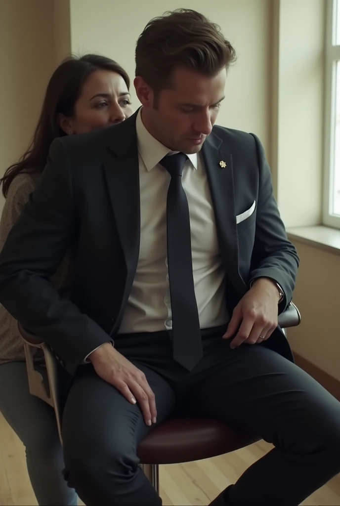 highest quality、A woman is kissing a man's crotch、Man Sitting On A Chair、A woman in an office suit riding backwards on a man、A man touches the inside of a woman's clothes、the woman is crying、(おっぱいを見せる)、