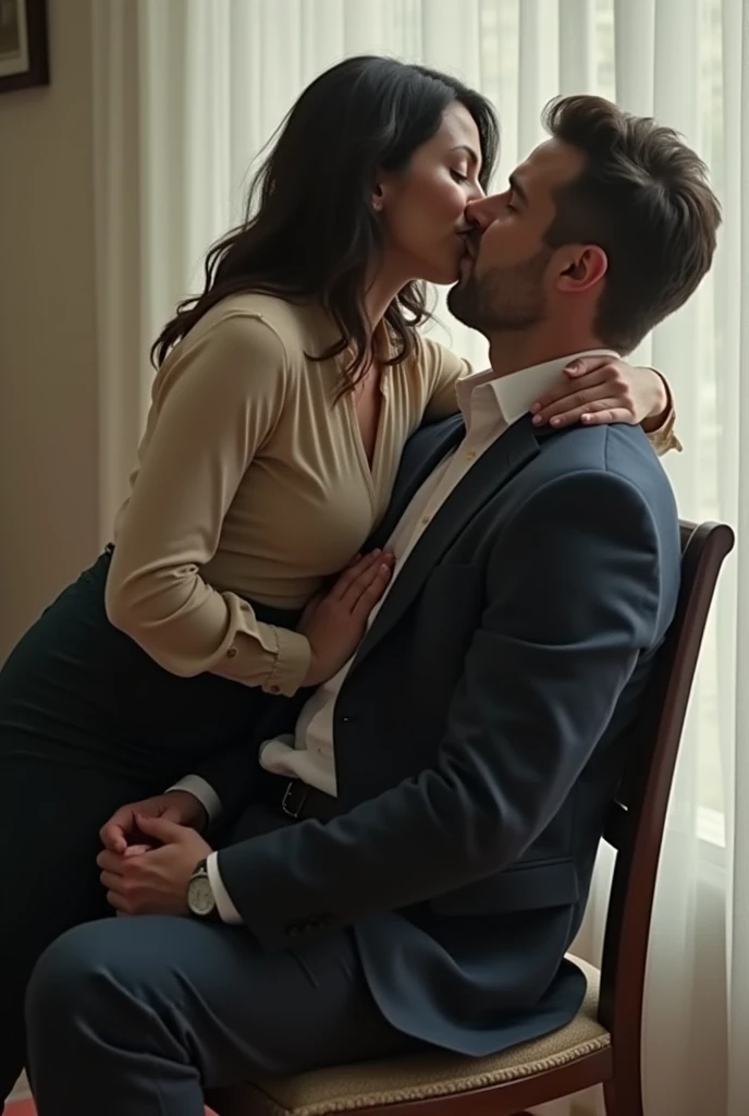 highest quality、A woman is kissing a man&#39;s crotch、Man Sitting On A Chair、A woman in an office suit riding backwards on a man、A man touches the inside of a woman&#39;s clothes、the woman is crying、(おっぱいを見せる)、
