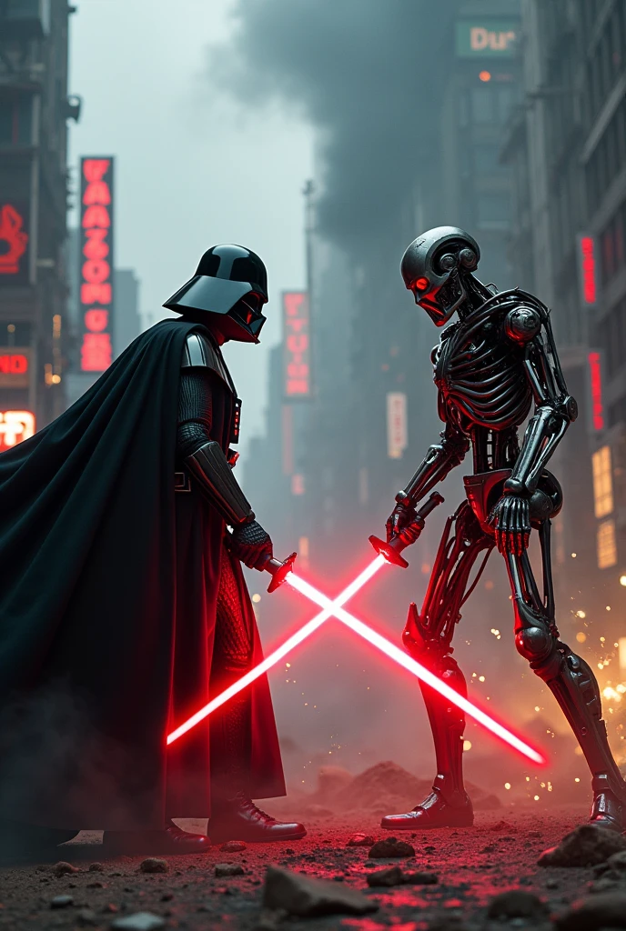 Darth Vader fighting the Terminator from the future 
