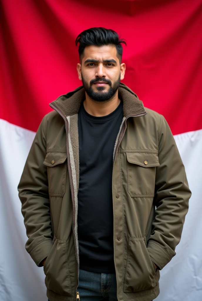 30 years old masculine jewish man, thin facial hair, full weight body, black hair, short neck, straight front pose, half body portrait, outdoor outfit jacket, in front of Indonesia flag