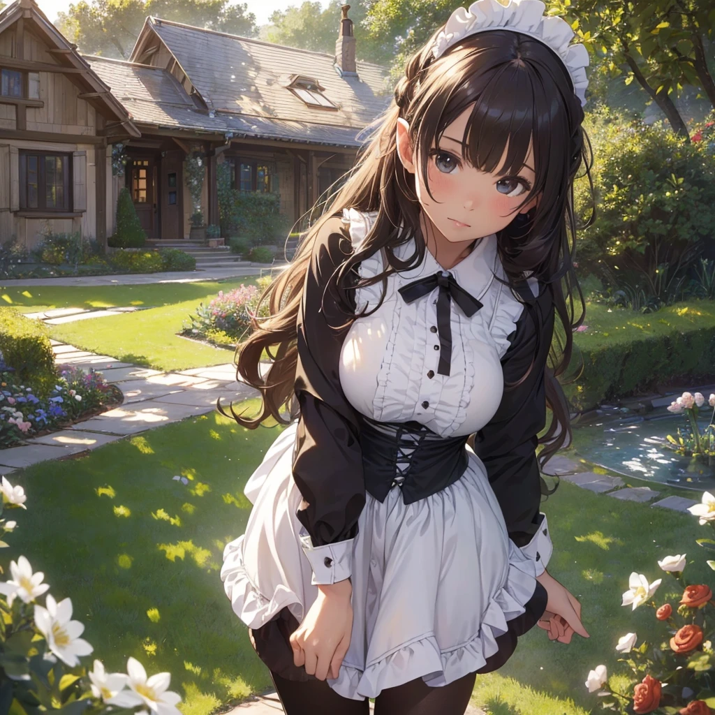 masterpieces,best quality,(ultra_detailed),3D,(realistic:1.9),(photorealistic:1.9),(light falloff at edges:1.9),shallow depth of field,sensual girl,in garden,at morning,western‐style house in the background,plump,(brown _pantyhose,)wavy long hair,built bangs,drooping eyes,wide-set eyes,lovely round eyes,looking away,round face, (maid costume),