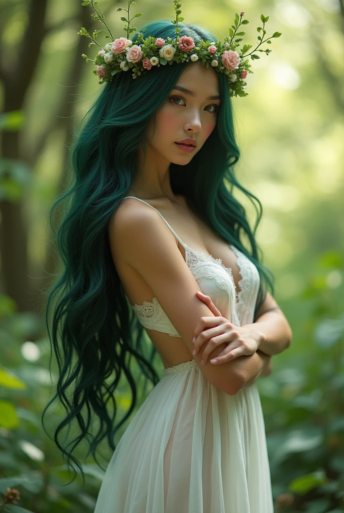 Detailed portrait of a beautiful young female tree spirit in the forest. Long flowing dark green hair, long flowing white dress, delicate facial features, beautifully detailed eyes and lips, very ample breasts, six pack, navel, detailed thighs, sensual smile, arms crossed to hold large breasts centered, sensual pose, intricate flower crown, sunlight filtering through the trees, lush green foliage, cinematic lighting, elegant dreamy pastel color palette, (Highest Quality, 4k, 8k, High Resolution, Masterpiece: 1.2), Ultra Detailed, (Realistic, Photorealistic, Photorealistic: 1.37)