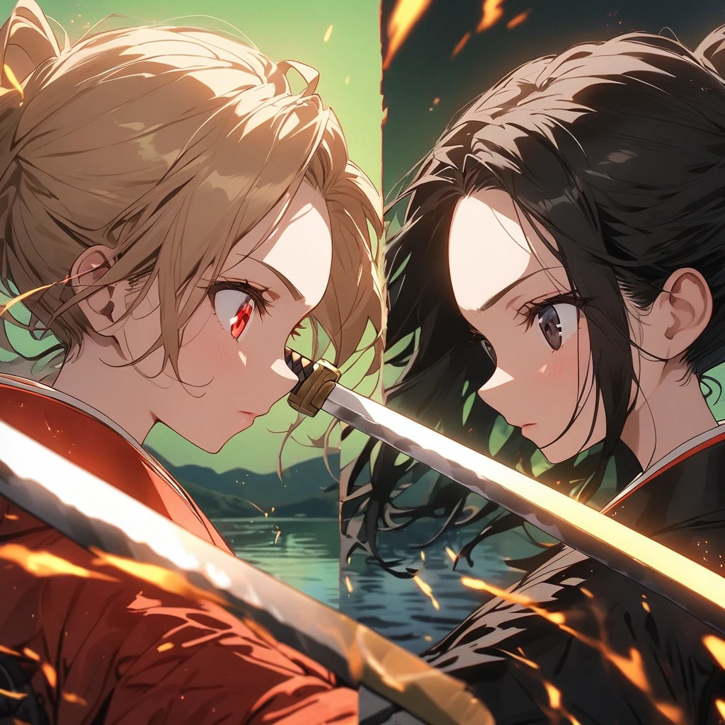 Two Women,Holding a sword,Japanese sword,((Blades clashing,Forge,Japanese sword,Sparks fly from the point of contact)),Close-up The two colors contrast,Wearing a kimono,profile,((greenい目白い髪,Red eyes black eyes)),To be enveloped in an aura,green,Green sunset,lake,Reflected on the surface of the water