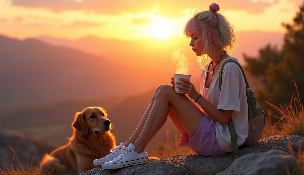 a serene mountain sunset scene. In the foreground, a young e-girl is sitting on a rocky outcrop, wearing a pair of Converse All Stars. She is sipping a cup of coffee, with a relaxed and content expression as she watches the sunset. Beside her, a medium-sized dog is sitting comfortably, both gazing at the breathtaking view. The warm, golden hues of the setting sun cast a beautiful glow over the landscape, with the rugged mountain terrain and distant horizon creating a peaceful and picturesque backdrop. The overall atmosphere should evoke a sense of calm and appreciation for nature's beauty, highlighting the special moment shared between the e-girl, her dog, and the sunset.