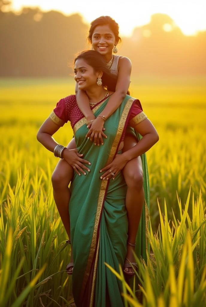 Create a realistic photograph of a smiling and beautiful indian actress in silk saree is carrying a large stout man on her shoulders in a paddy farm, man is sitting on top of her shoulders , man on top, woman standing at bottom