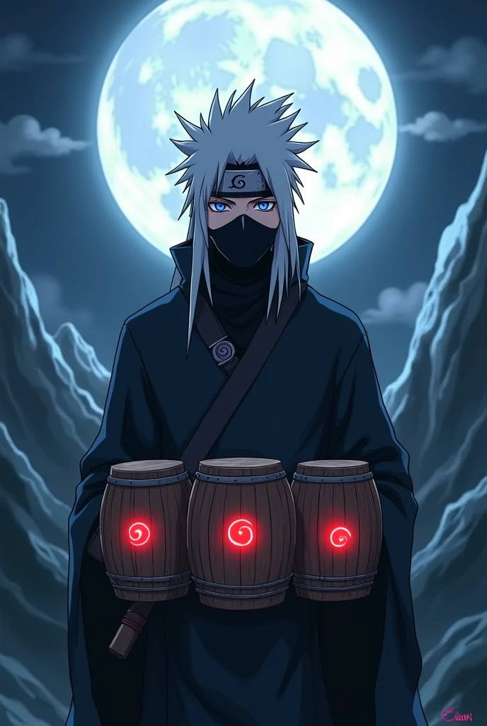 A man with blue eyes and long, spiky white hair that hangs down, partially covering his eyes and ending at his neck., Dressed in a style similar to the Jujutsu Kaisen choso, but entirely black., A black Kakashi-style mask covering their nose and mouth, with an iron circle running through their back and three wooden drums with the Sharingan symbol attached to their back, emitting rays., The scene is set at night, and he faces forward., Behind him, the moon shines brightly, and towering mountains rise. (style of anime)