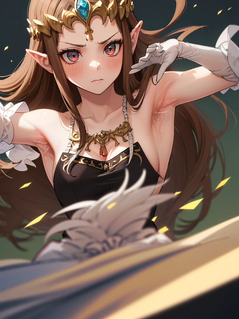 (((extreme close up of face))),(((((((Show your armpits))))))),(Oblique angle),(((Split the bangs to the left and right)))))),((Upper Body)),((alone)),((Glossy Lips))),Anime art style,masterpiece,(Highest quality), (Super detailed),(Very delicate and beautiful),(alone),(detailedな顔と目),Beautiful eyes like jewels,(A truly gorgeous jeweled ruffled rococo ball gown dress),((( Woman,Queen))),((1 Queen in a beautiful embroidery and jeweled absolutely gorgeous rococo ballgown dress with voluminous full length hoop skirt)),((crinoline)),,((Straight hair galore,Very long straight hair with plenty of volume,Super long straight hair)),,Cleava,length_Black gloves,Very gorgeous hair accessories,Sparkling、((((front)))),((((Narrow eyes)))),((((Beautiful Face)))),((((dress)))),((blush)),(((Long Hair)))),((((Straight hair)))),((Cleavage)),(((own hair)))),Princess Zelda,((chest is slightly exposed)), ((Highest quality)),,(Very detailed) ,((((((Black blouse)))))),((())),Brown Hair,((Embarrassed look)),, ((Highest quality)), (Very detailed),((detailed)),(((dissatisfaction))),Nintendo, The Legend of Zelda),,((alone)), ((Highest quality)), (Very detailed), ,