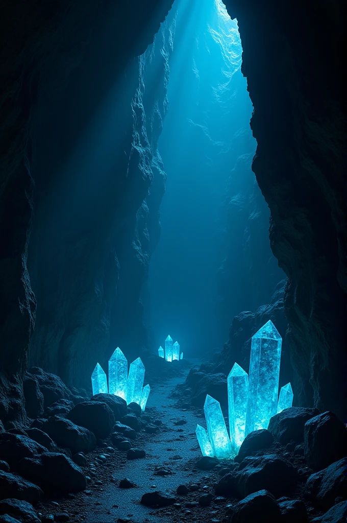 Make a dark cave background with cyan blue crystals