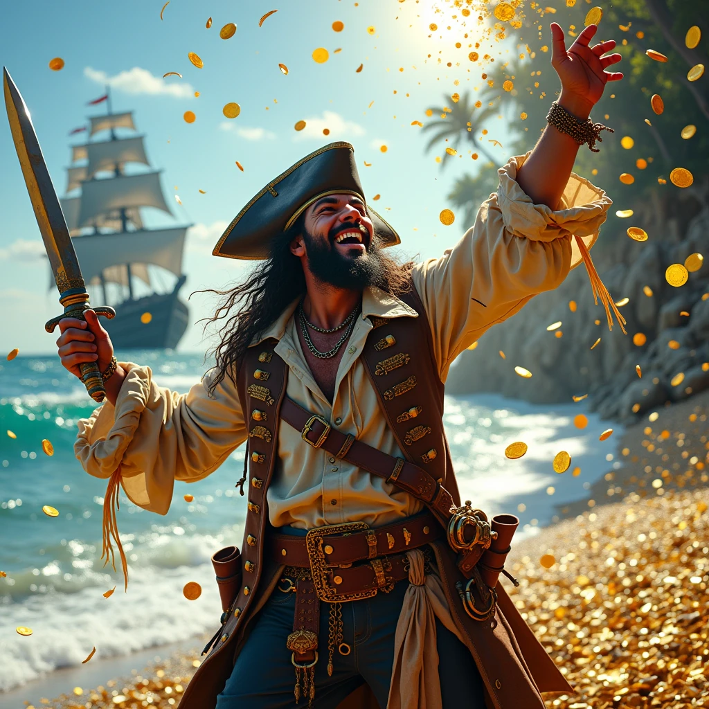 The power of money,A pirate,laughing out loud,There are a lot of gold coins flying in the background.,Holding a weapon