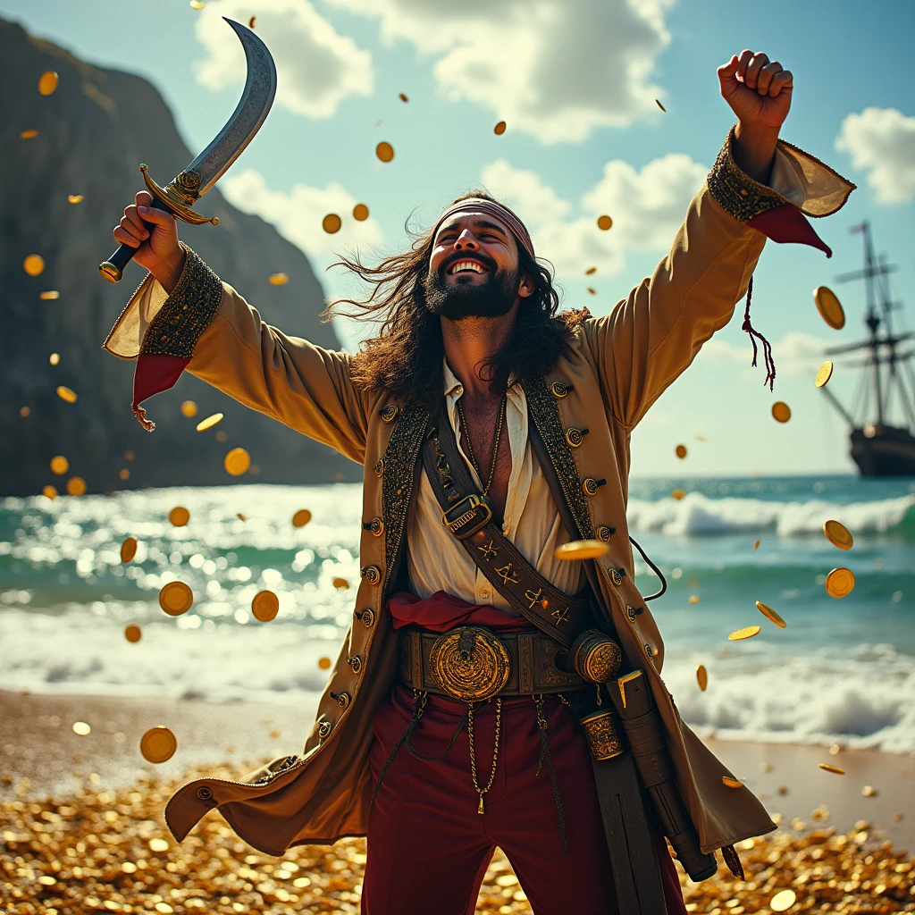 The power of money,A pirate,laughing out loud,There are a lot of gold coins flying in the background.,Holding a weapon