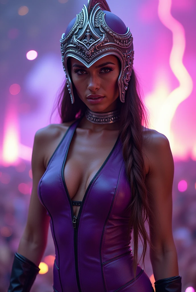A beautiful woman Adriana Lima under the mantle of the Eutopia warrior Zarda Shelton aka power Princes is a tall Caucasian woman who has a muscular body, Straight, brown hair to the lower back that's kept in a braid, Wide and ripped shoulders, toned stomach and long, muscular legs she wears a very tight purple leather jumpsuit that highlights her curves through her superhero costume. She also wears a gladiator-style helmet that covers her face, excluding her eyes and mouth with a curved leaf on top silver choker around her neck 