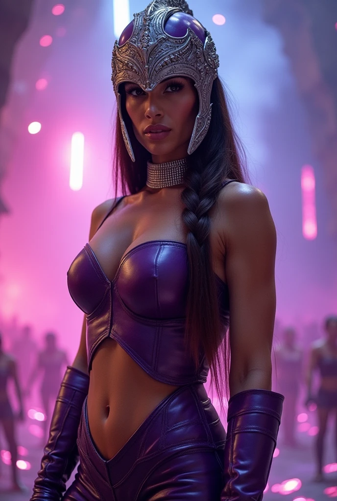 A beautiful woman Adriana Lima under the mantle of the Eutopia warrior Zarda Shelton aka power Princes is a tall Caucasian woman who has a muscular body, Straight, brown hair to the lower back that's kept in a braid, Wide and ripped shoulders, toned stomach and long, muscular legs she wears a very tight purple leather jumpsuit that highlights her curves through her superhero costume. She also wears a gladiator-style helmet that covers her face, excluding her eyes and mouth with a curved leaf on top silver choker around her neck