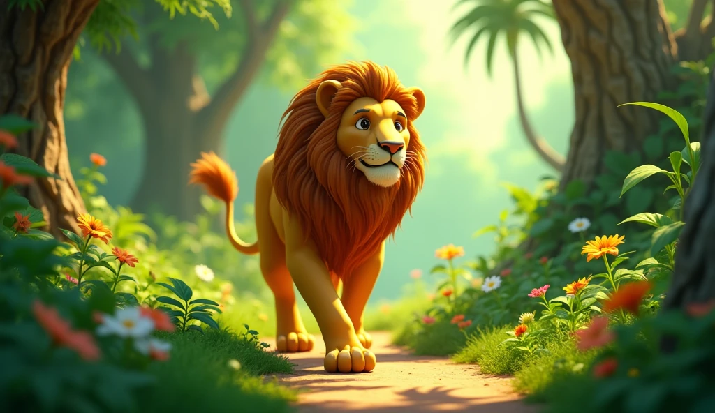 In 3d animation style " The lion patrolling the jungle, ensuring that peace and order are maintained.