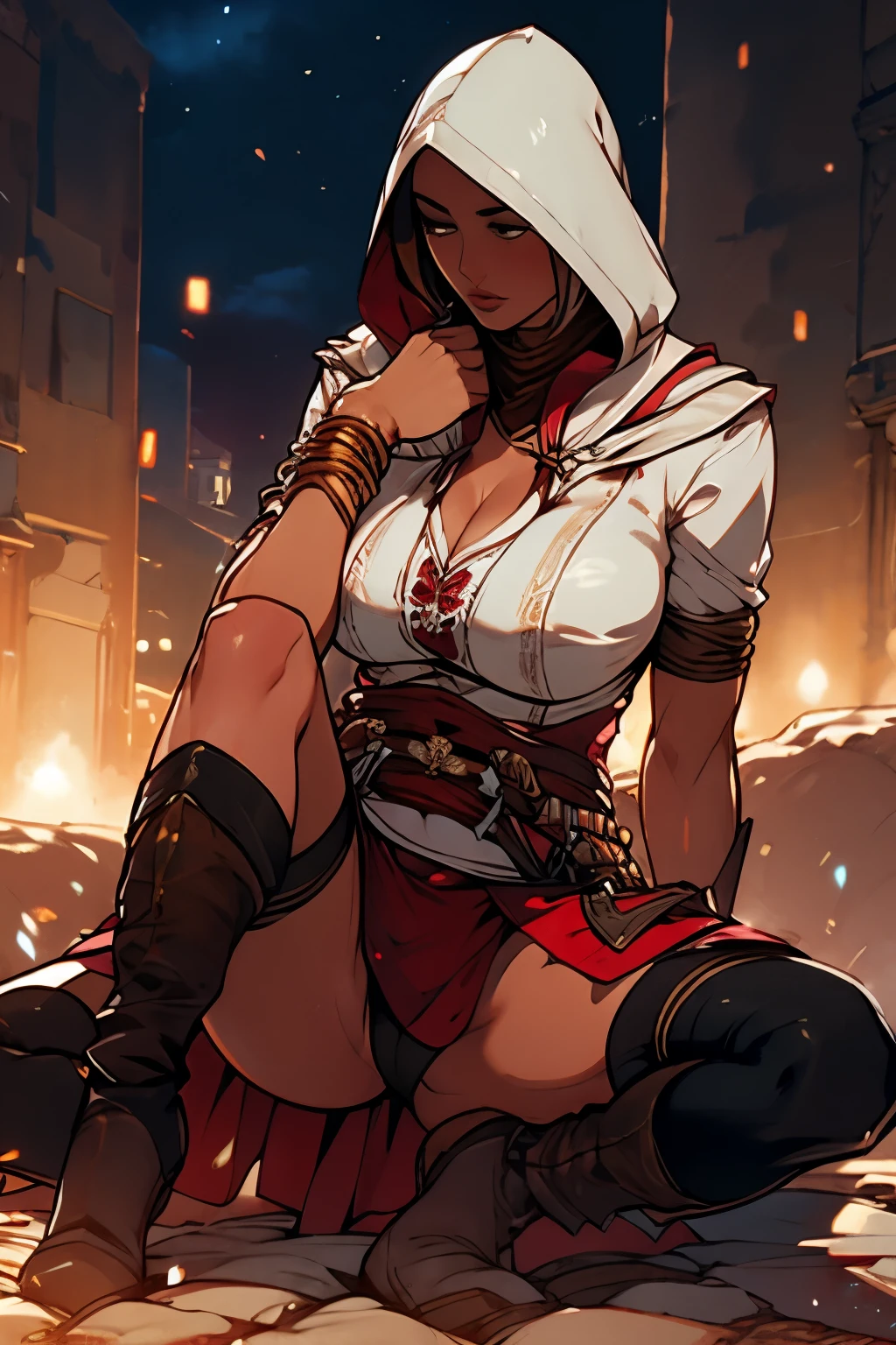 The woman, Altaïr's suit boots to the knee, Bracelets on the legs, socks, stockings, Jerusalem in the background, ((evening, night)), very detailed, Realistic long-term photography., 4k, short hair, brown hair,(((hood, hood)), ((shocks, garagantilla)),bracelet, sexy, dark skin, brown eyes, big breasts, big breasts
