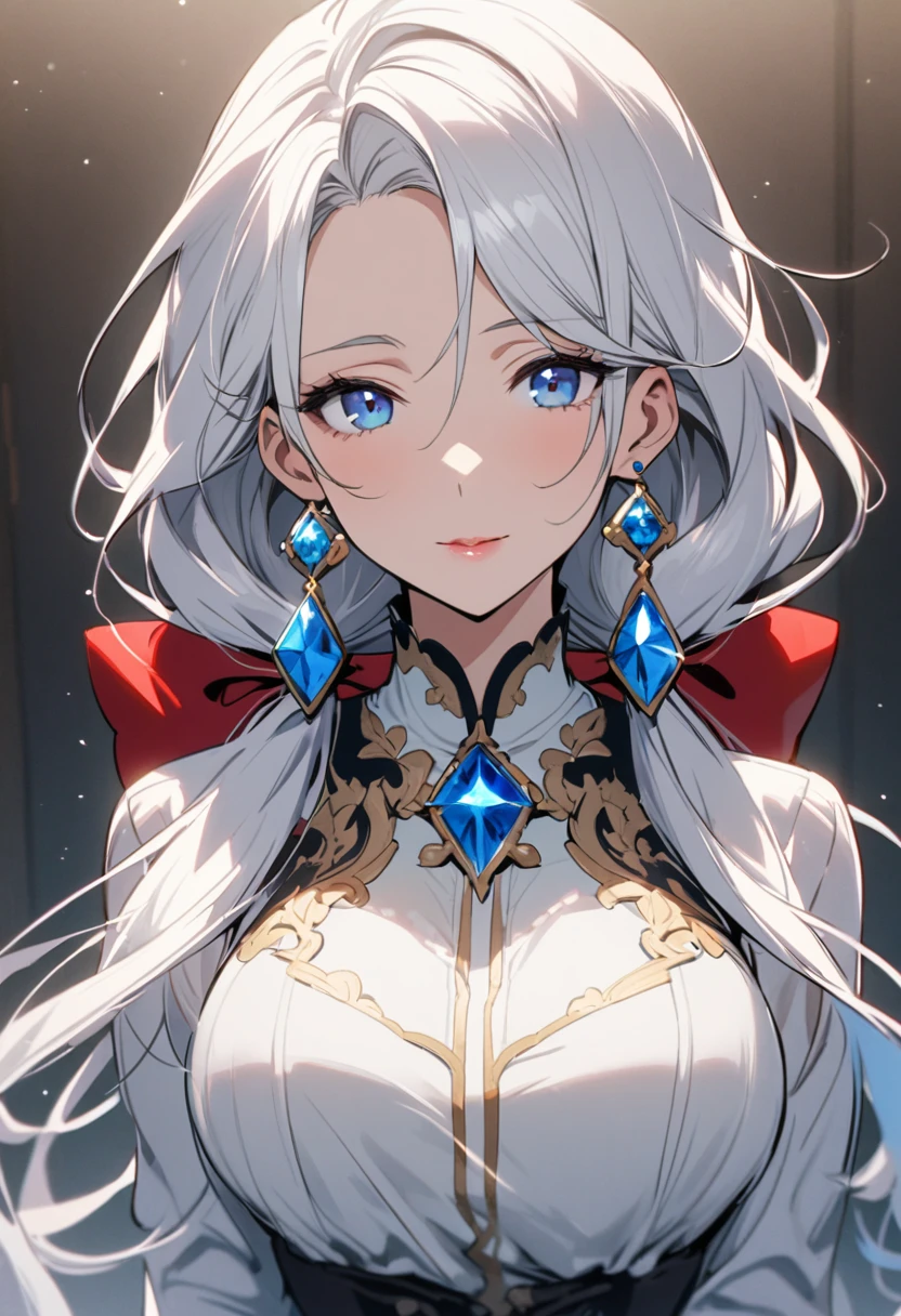 girl, , white hair, blue diamond earings, long hair, low twin tails, red bow on hair, blue eyes, adult. front face, beautiful