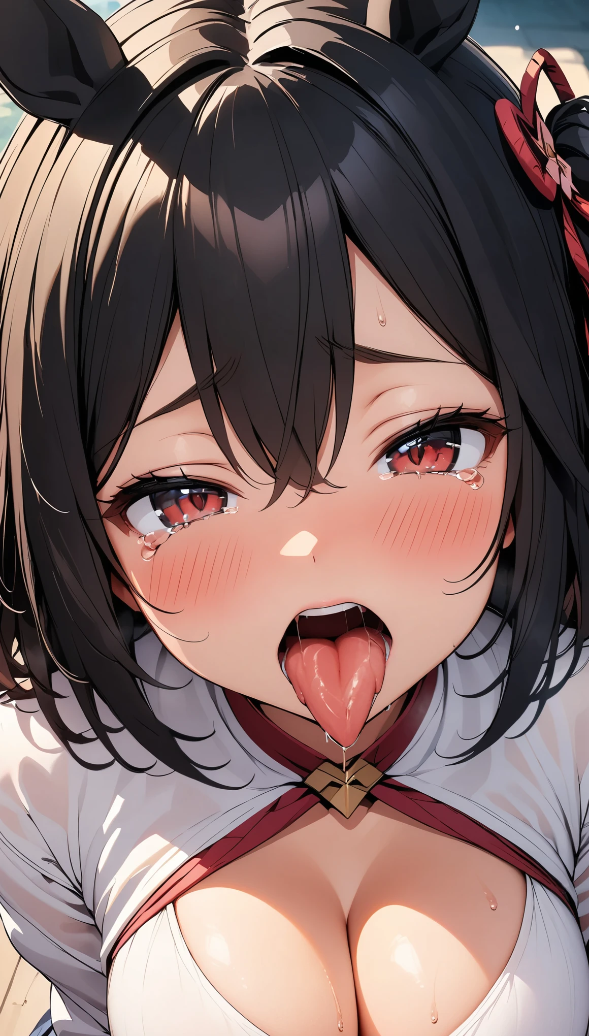 beautiful detailed eyes, red eyes, half-closed eyes, (tareme), [[[1girl, Kitasan Black \(umamusume\), umamusume]]], (opened big mouth, licking, Sticky tongue), nsfw, (close-up mouth), (curvy, Slender),(cleavage), from above, Highest quality, Super detailed, masterpiece, Ultra-high resolution, 8k, Embarrassing, blush, Lovely, (With tears in my eyes), Sticky saliva