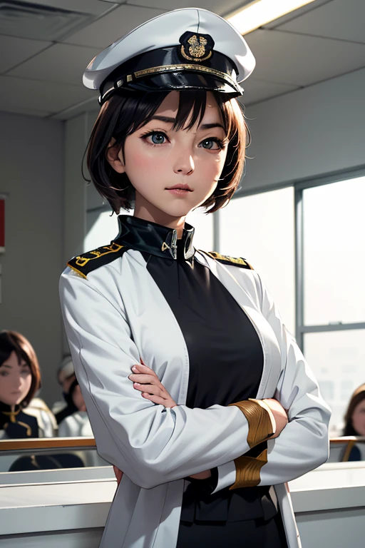 Highest quality　High resolution　Simple　White military uniform with a stand-up collar　army officers　military cap　class seal　white open coat　Baggy　Long bangs　Adult female　Casual expression　cute　Strong posture　Dynamic Lighting　（（head to waste:1.8））