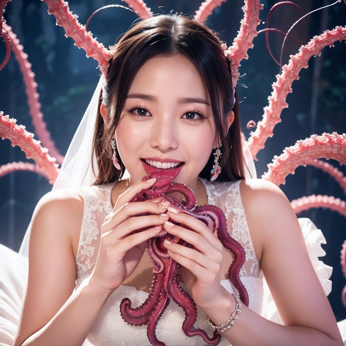 Medium Size Display, Medium Shot, Written boundary depth, Upper Body, Movie angle, masterpiece, Highest quality, Very detailed, CG, 8k wallpaper, Beautiful Face, Delicate eyes, Otome, alone, smile,  Has tentacles, Wedding dress, Tentacles all around、woman with tentacles、Octopus、open mouth,（((Eating tentacles)))