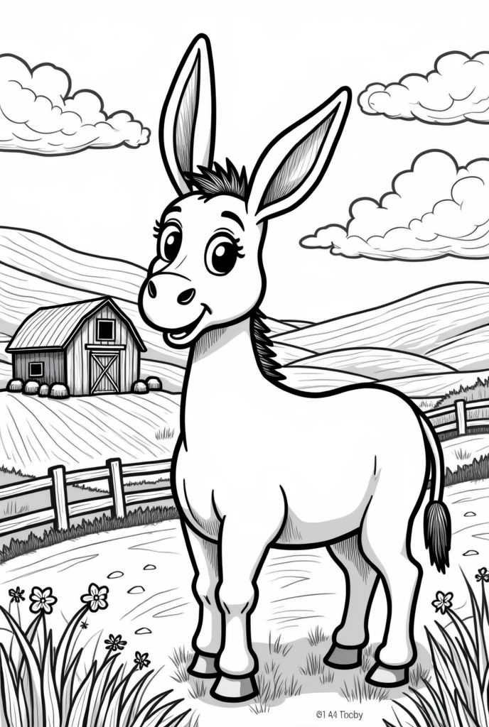 Generate a coloring page of the donkey on the farm in format 3:4
without color