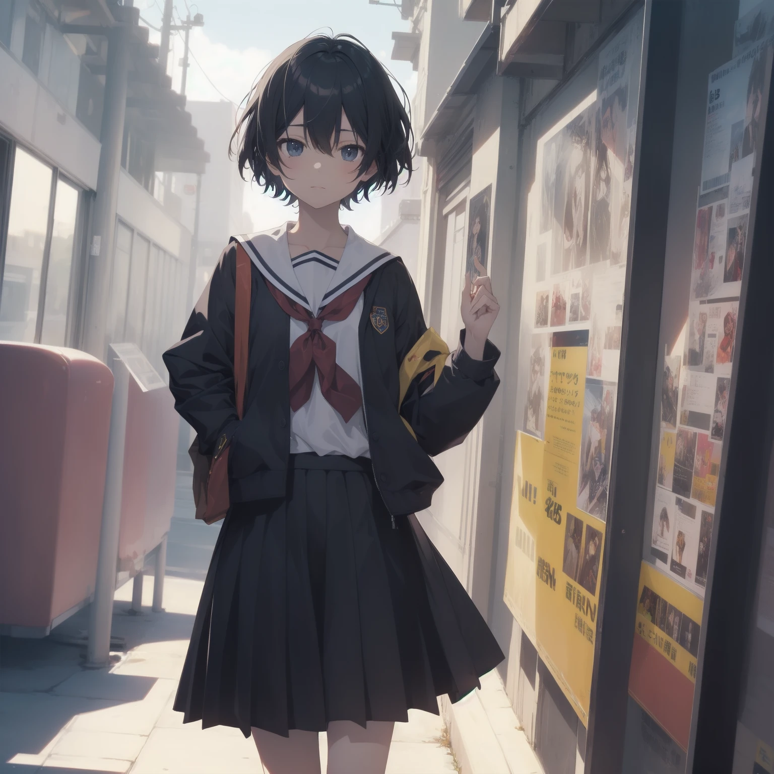 ultra-absurdres-Top quality by artist God, ultra-detailed, high resolution, anime moe artstyle, best anime 8k konachan wallpaper, pixiv contest winner, pool:2810, perfect anatomy,break, 1girl, (Please draw a girl walking sleepily to school alone. )break,(Solo,little female, 13-year-old:1.3),Full limbs, complete fingers,a junior high school student, (very short hair), short cut, flat chest, , small butt, small black eyes, beautiful detailed eyes, well-proportioned iris and pupils, expressive eyes, highres detailed hair, soft expression, salor school_uniform, sailor collar, serahuku, bow, pleated skirt,(Detailed Lighting), (Detailed background), in the School commute route. break,super detailed skin, Best cinematic lighting powered by famous artist, 8k,beauty illustration,photoshop_(medium),very aesthetic,break,((artist:izumi_tsubasu )), artist:clamp ,artist:carnelian ,artist:kantoku ,
