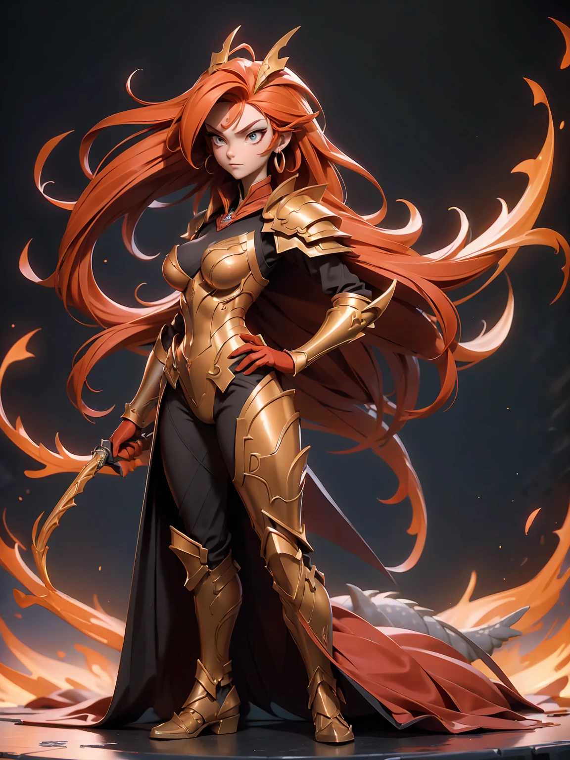 (((masterpiece, best quality, high detailed, 16k))) (slender) (1girl) A fierce dragon rider with wild, fiery orange hair and blazing red eyes. She wears a suit of dragon-scale armor that shimmers in shades of red and gold, and a large sword is strapped to her back. She stands confidently beside her dragon, her hand resting on its massive neck. ((full body view))
