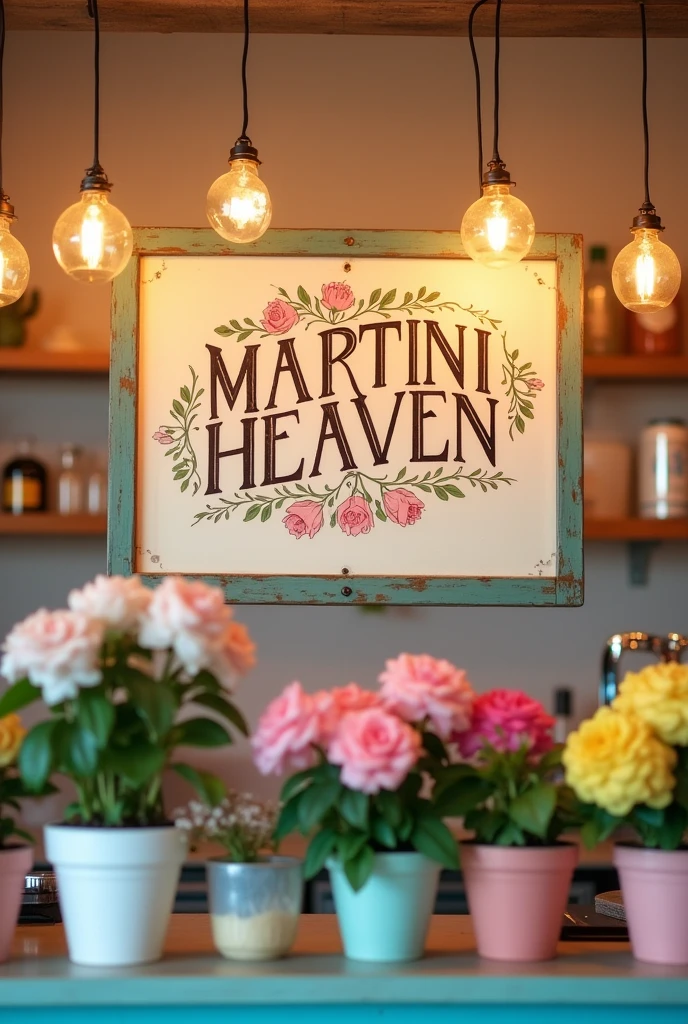 Bar counter seen from behind, with a sign that says MARTINI HEAVEN, with flower pots and vintage lights, everything in pastel shades of yellow, pink and blue