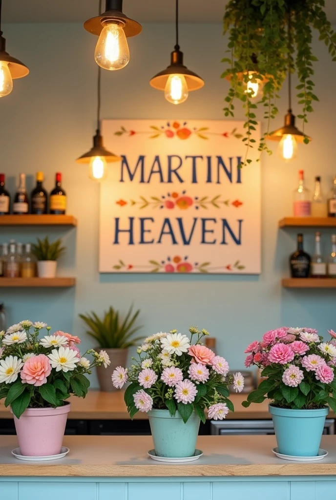 Bar counter seen from behind, with a sign that says MARTINI HEAVEN, with flower pots and vintage lights, everything in pastel shades of yellow, pink and blue
