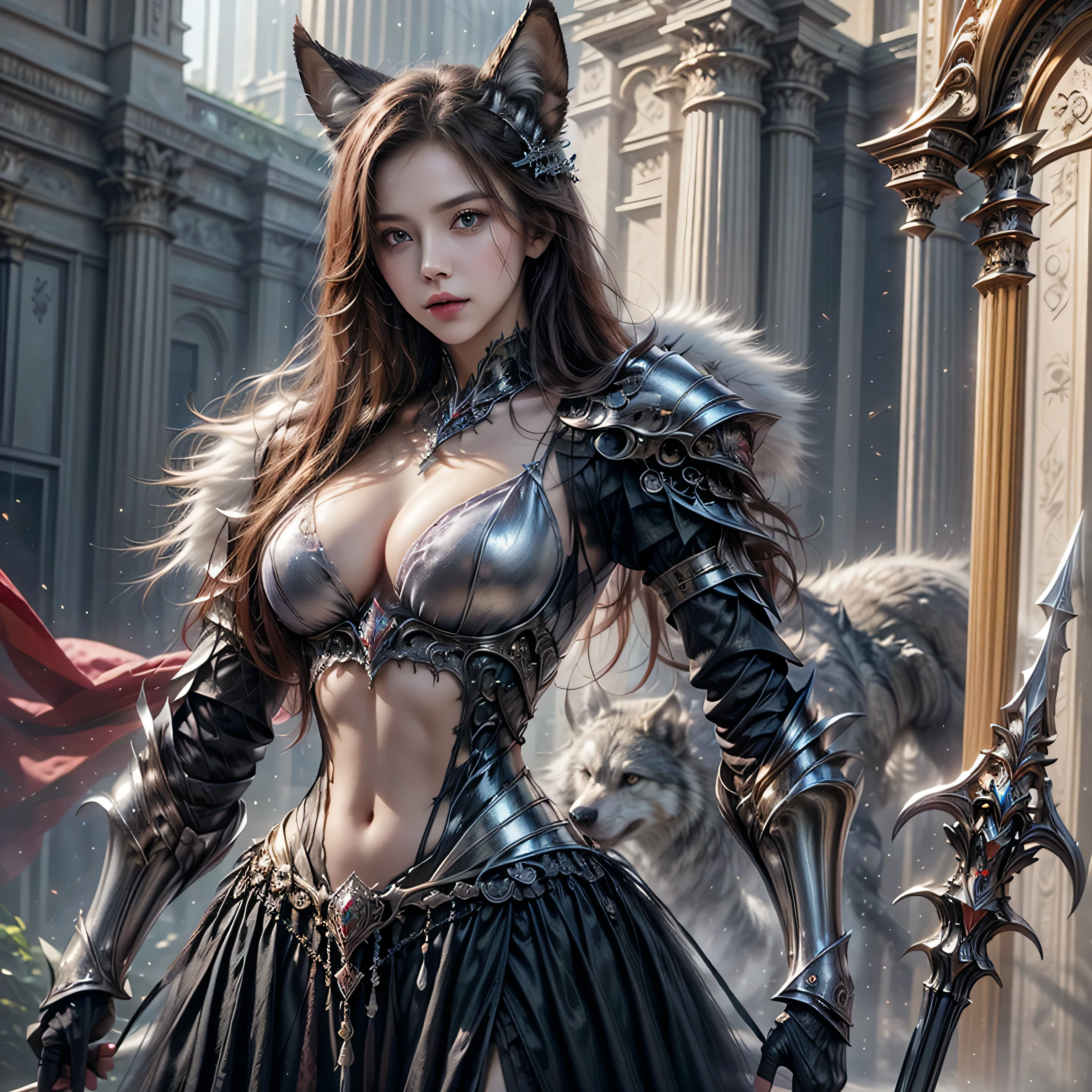 ((((a single girl)))), photorealistic image ((masterpiece)), ((high quality)) Ultra HD 8K, of a true Viking goddess, Gnna, strong, Skinny body, Thin waist, model tall, Whole body, (Long, dark brown hair), (blue eyes), (((Full hyper-realistic fantasy armor., with shiny black metal and intricate details))), ((long fur coat)), ((double-pronged fantasy spear)), (in guardian position, fantastic palace), realistic photo, natural lighting, professional reflex camera., mecha, robot, ((wolf ears))