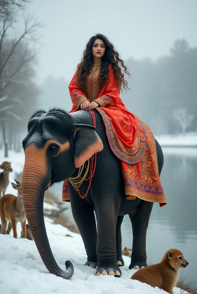 Women in Pakistani dress with long curly hair riding on the Elephant in the River side and smiler animals of 10 types are in background and snow is falling