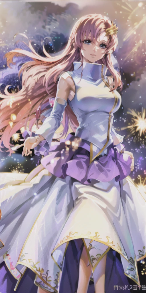 32K,超High resolution,超Highest quality,masterpiece,Hyperrealistic,〜20-year-old female,Full body photo,Full body angle,Whole Body Ezbian,Surreal,Very detailed:1.3,Ultra-realistic:3.0,masterpiece,Detailed eyes,Detailed skin,Detailed face,Shiny skin,Detailed Hair,White skin,Perfect lighting,Glossy Lips,wallpaper,京都animeーション, animeカラーリング ,Produced by Sunrise,BANDAI NAMCO,Klein Lake,Gundam SEED,In 2011〜2024 Era \(style\),Lacus Clyne,masterpiece, Highest quality, High resolution, anime, Lacus 1, One person, alone, Pink Hair, Straight hair, hair ornaments, White sleeves, blue eyes, White Dress, Purple Skirt, Long skirt,Dress,Swimsuit,Yukata, Very long hair, Bare shoulders, Large Breasts, smile, Gundam SEED, In the water lake,retro artstyle,Starry Skyの下,The fireworks are blooming,Great quality, Unbelievably absurd, Very detailed, 2.5D, delicate and dynamic, church, Brightly colored stained glass, Small faint lights and flying fireflies, night, Starry Sky, milky way, nebula, shooting star, Flowers, bird, Wind and Moon, Very delicate facial expressions, Delicate eye depiction, Upper body close-up, erotic, Only sexy women, Healthy body shape, bride, Large, firm, swaying bust, Colorful Tiaras, Long wedding dress with complex structure, Colorful long wedding dresses, See-through long ruffle wedding dress, Extra long cape from head