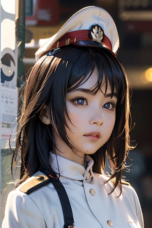 Highest quality High resolution Simple White military uniform with a stand-up collar army officers military cap class seal white open coat Baggy Long bangs Adult female Casual expression cute Strong posture Dynamic Lighting ((head to waste:1.8))