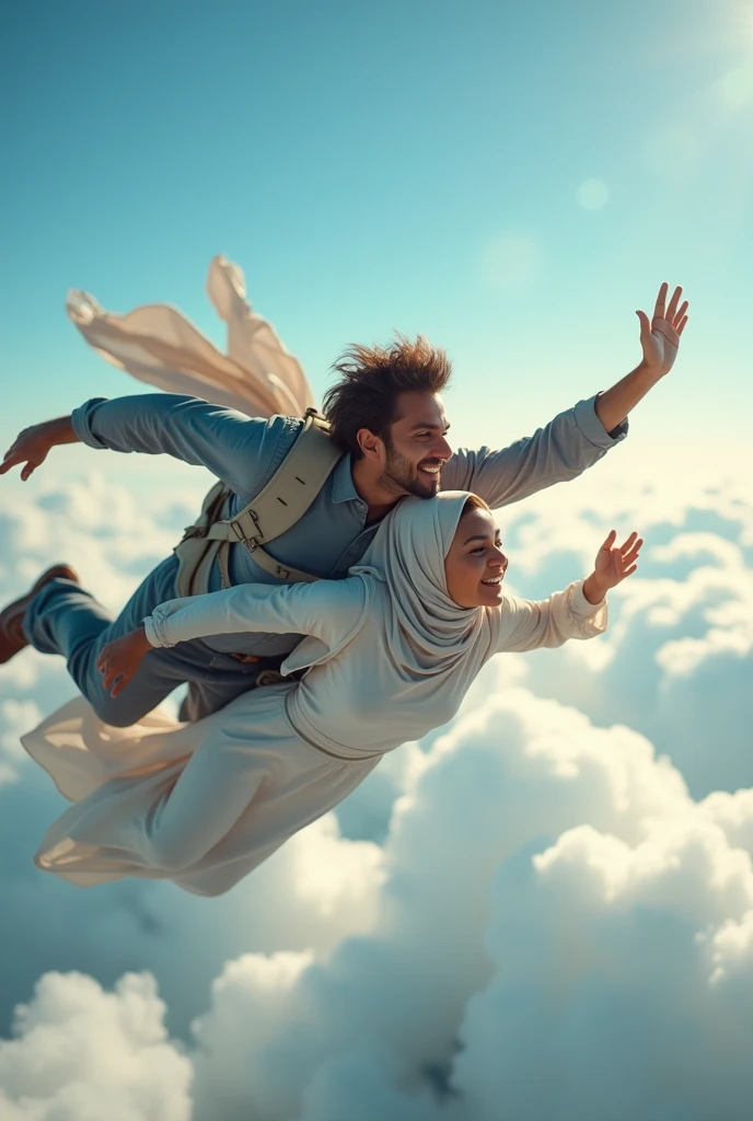 (photorealism:1.2), a man and Muslim woman ,flying in air Ross in his hand his lip in kiss position