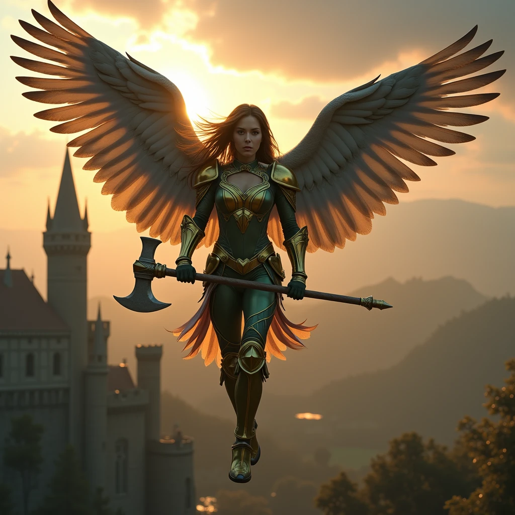Hawkgirl as a medieval warrior, gray wings, wearing green and yellow medieval warrior armor, flying through the medieval kingdom, castle in the background, holding a medieval ax, golden hour, cinematic angle, best quality, masterpiece, perfect anatomy, highres, ultra-detailed, 8k, detail, unique, aesthetics, HDR, Photorealistic, Hyperrealistic, Hyperdetailed, analog style, soft lighting, subsurface scattering