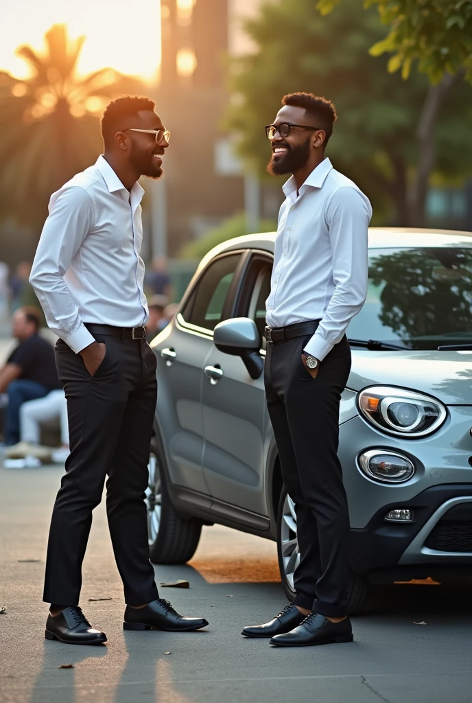 Create an image of a boss with a black employee,black pants,white  shirt, Black glasses,beard and mustache near a gray Fiat Uno Vivace, giggling, and another white employee,tired of working so much, forgotten by the boss 